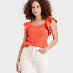 Women’s Orange Size Large Square Neck Ruffle Sleeve Sweater A NEW DAY